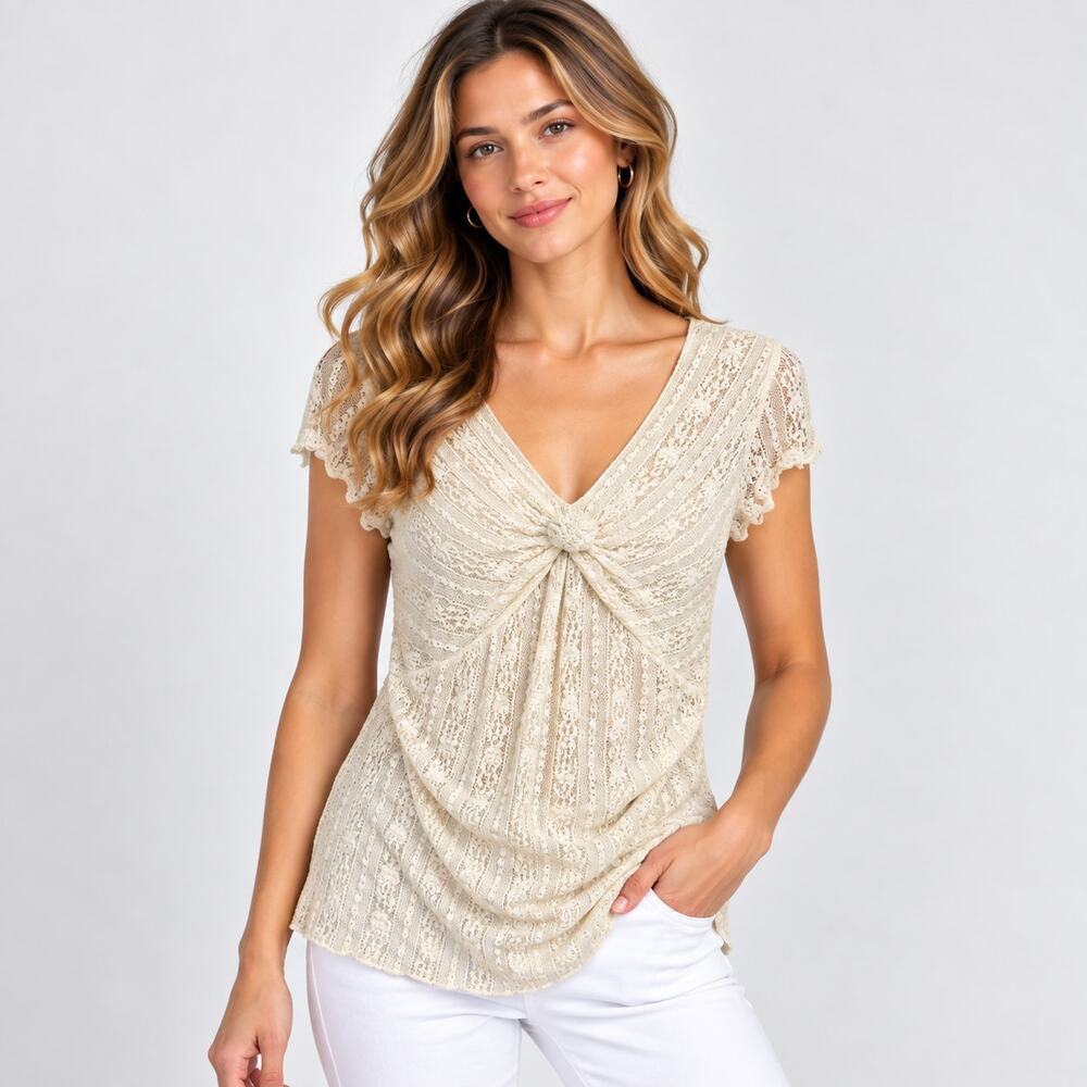 Nine & Co Lace Twist Front Blouse Women's Size M Irory Cottage Coquette Romantic